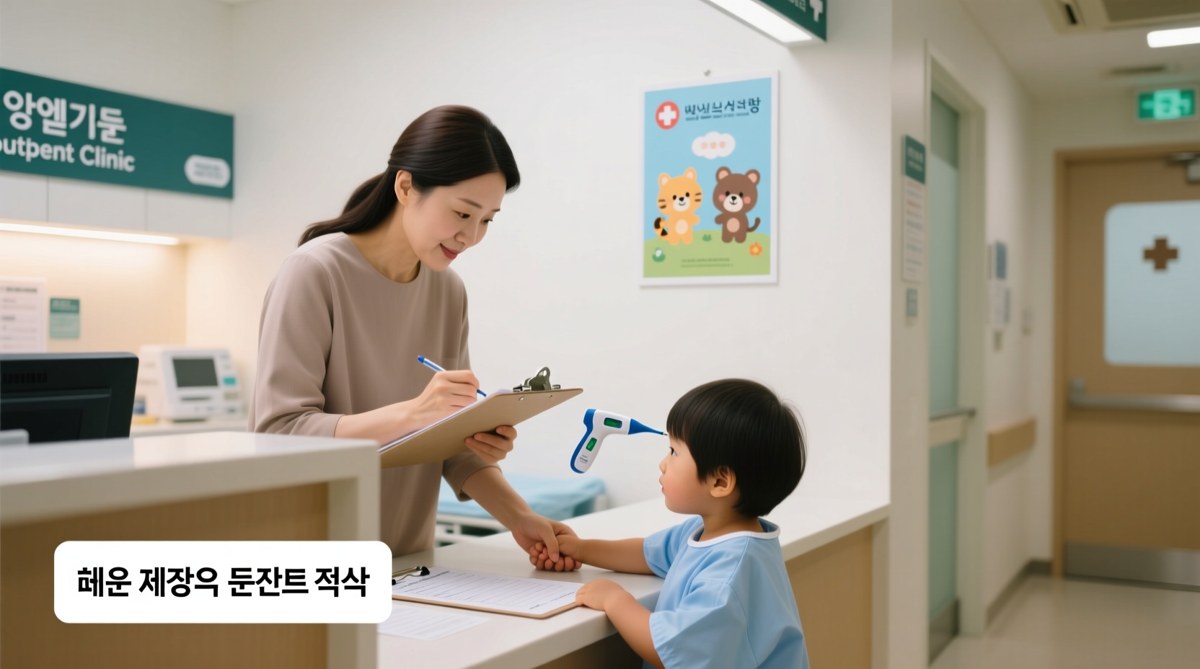 소아청소년과 접종실 앞에서 체온을 측정하고 문진표를 작성하는 보호자