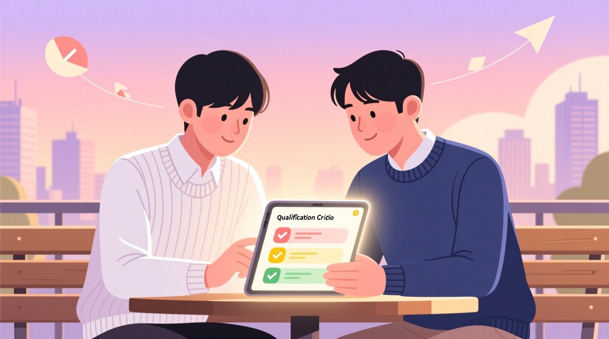 만 19세부터 34세 청년이 스마트 기기 화면을 통해 지원 자격 요건과 소득 기준을 확인하는 일러스트