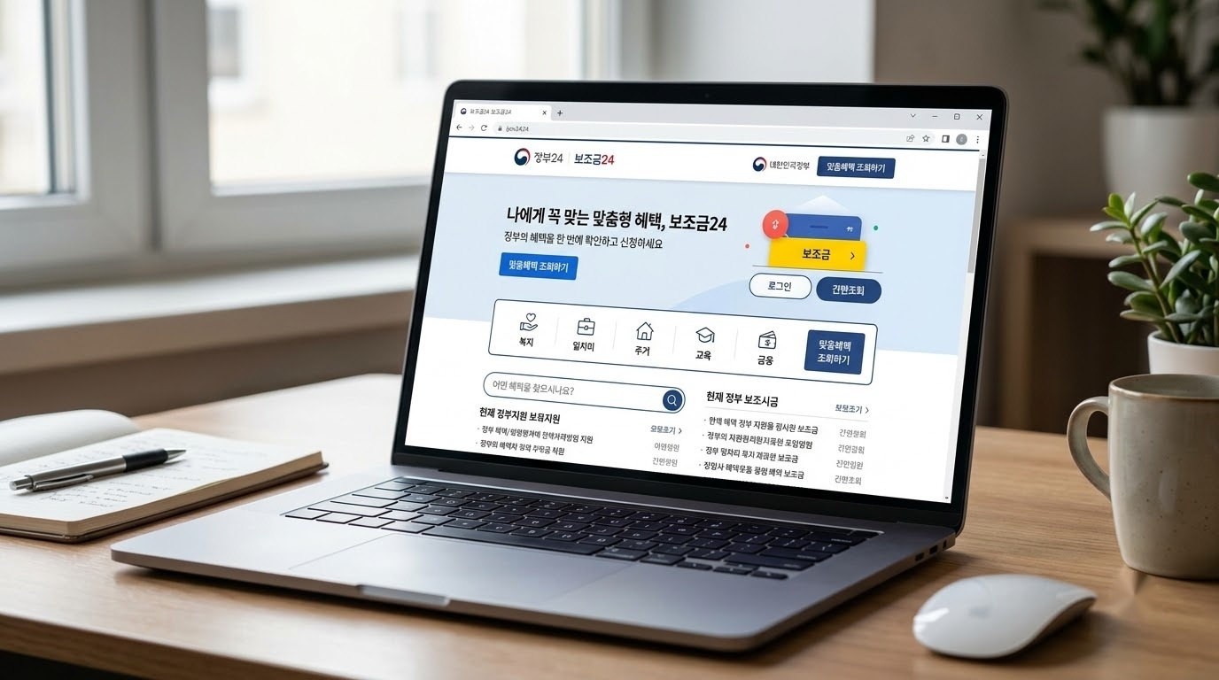 2026 숨은 정부지원금 찾기! '보조금24' 맞춤 안내 조회 및 정부24 간편 신청법 안내 화면