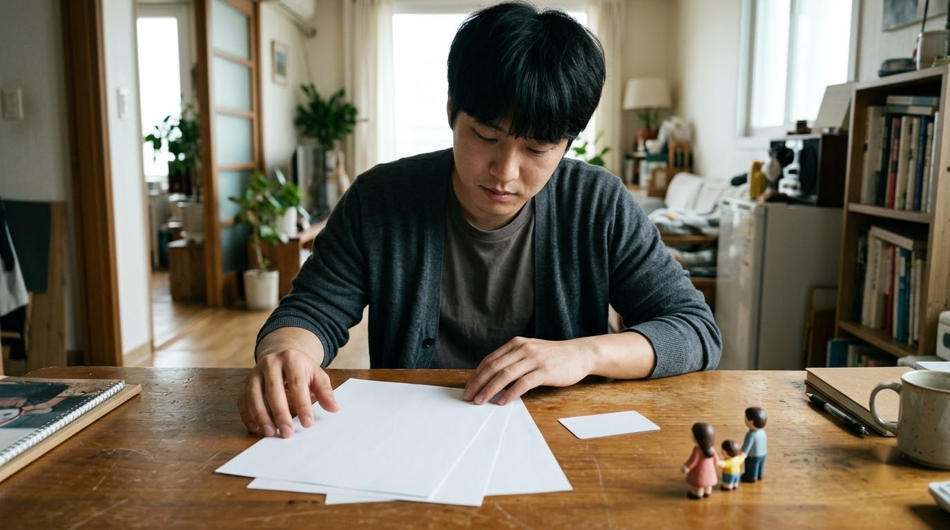 청년이 빈 서류를 살펴보는 장면, 옆에는 가족 인형이 놓여 있어요 — AI 제작 이미지 · 실제 촬영 사진 아님
