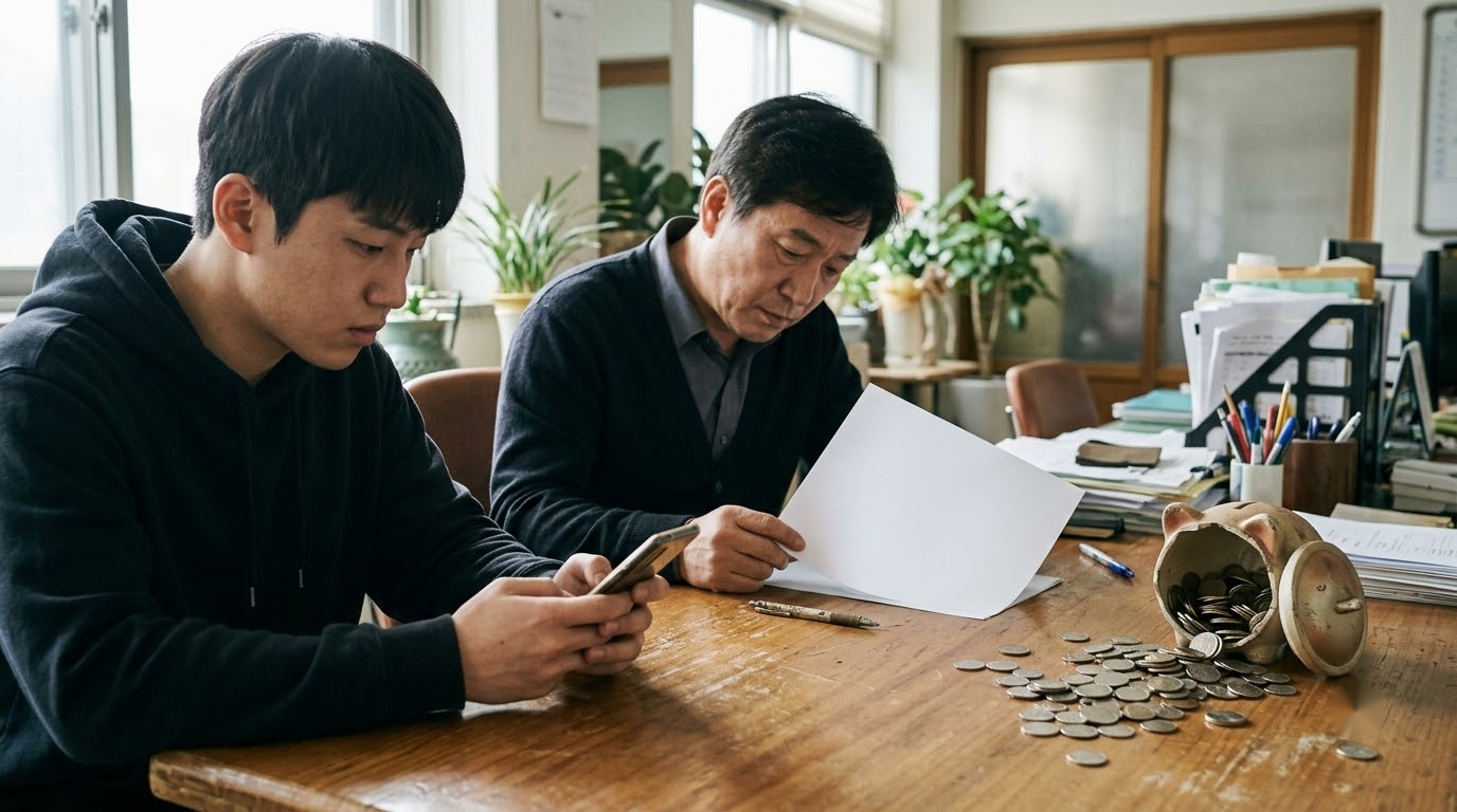 청년이 스마트폰을 들고 서류를 확인하는 사이, 동전 저금통이 놓인 책상 — AI 제작 이미지 · 실제 촬영 사진 아님