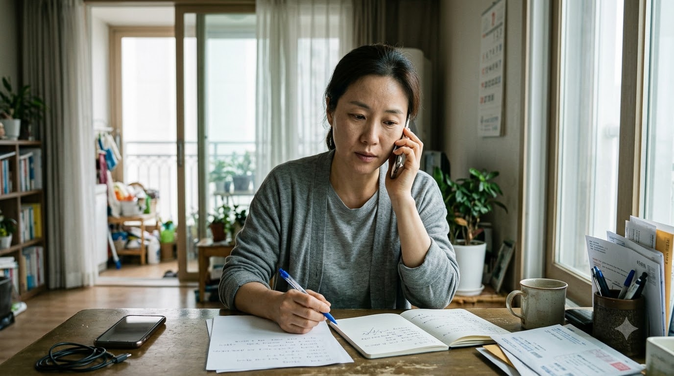 휴대전화로 통화하며 종이에 메모하는 모습