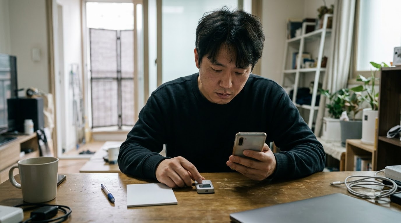 스마트폰과 작은 장치를 확인하는 모습