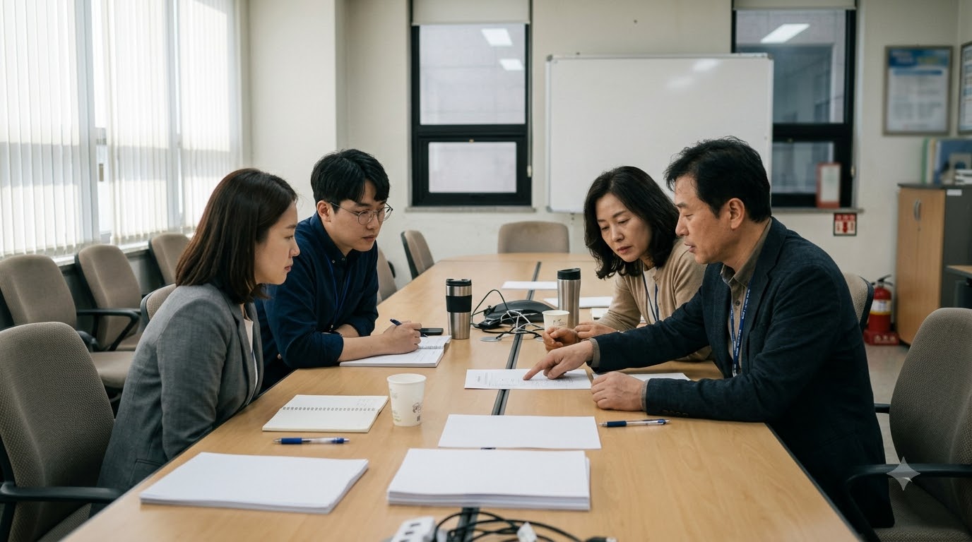 회의실에서 실무자들이 자료를 함께 검토하는 모습