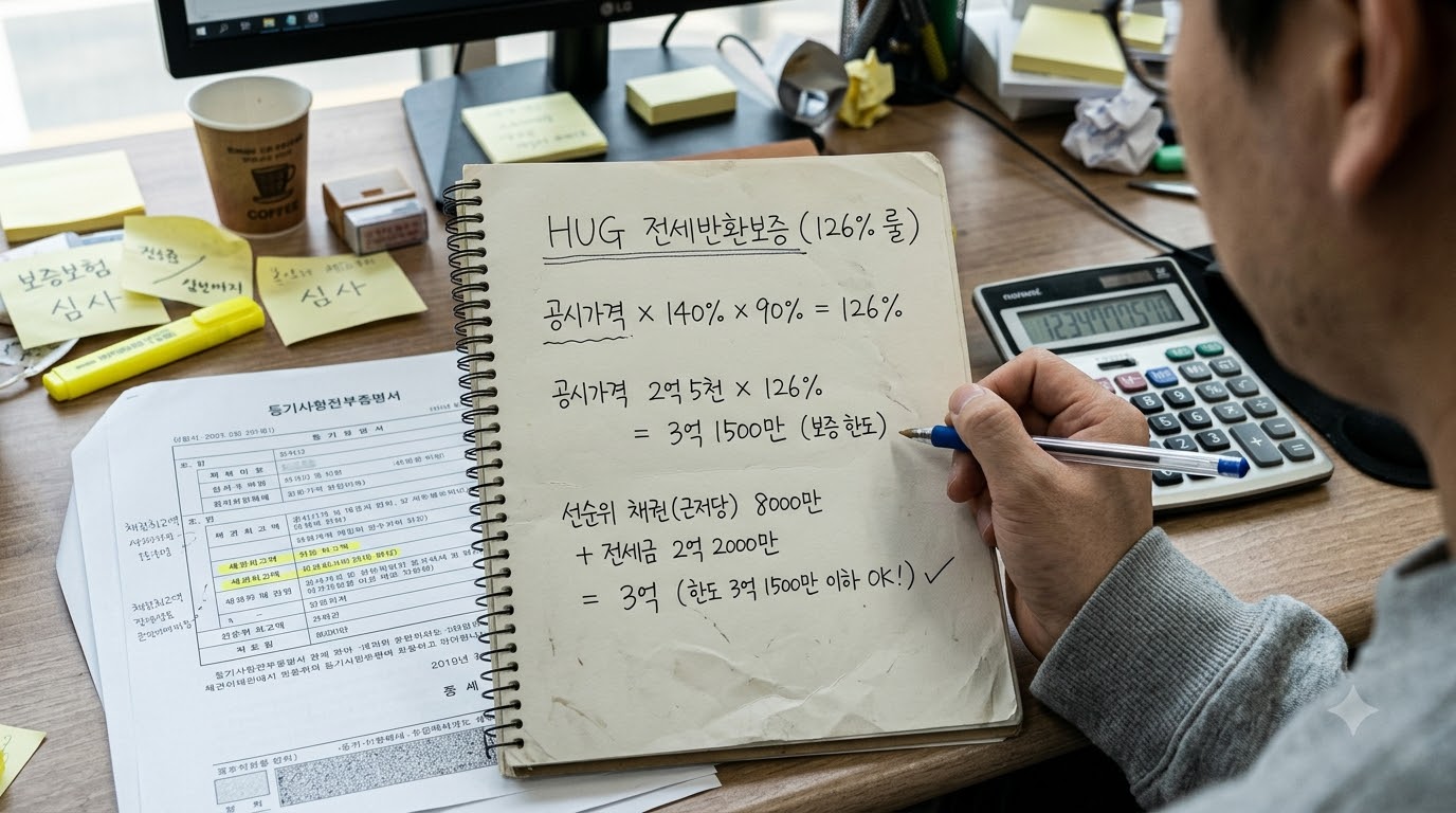 공시가격 × 140% × 90% = 126% 산출 과정과 선순위 근저당 60% 제한 기준을 정리한 자가 진단 도해