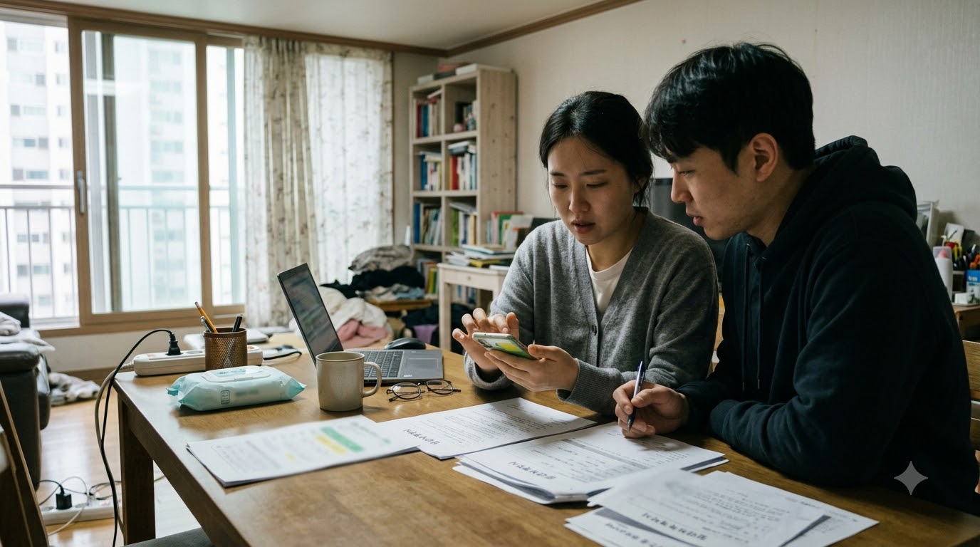 간편결제 앱에서 주택 주소 및 계약 정보를 입력하고 카메라로 구비서류를 첨부하는 모바일 접수 4단계 화면