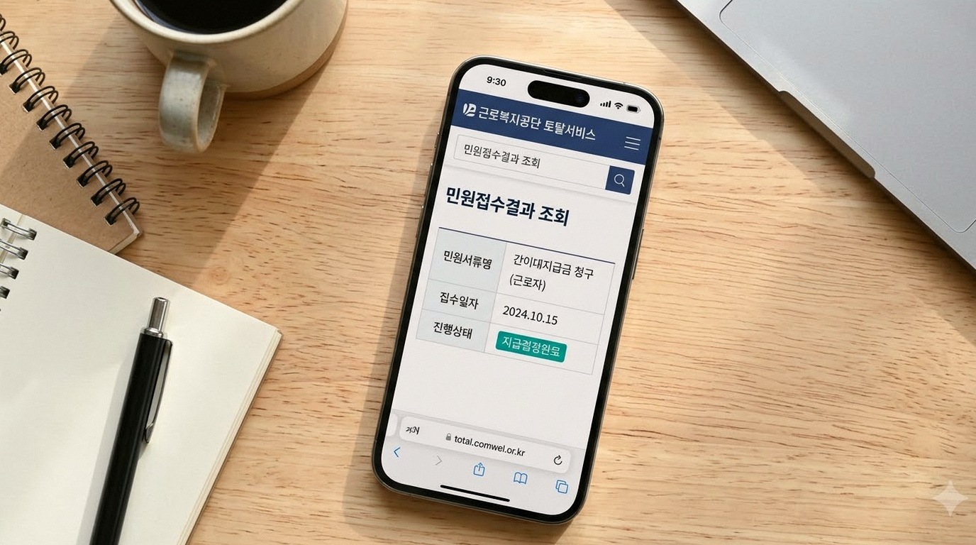 간이대지급금 신청 방법, 체불 확인서 발급부터 공단 - 근로복지공단 민원신청 결과조회에서 접수 후 14일 이내 처리 완료 및 지급 결정 상태 확인 화 (현장 체크포인트 안내 이미지 4)